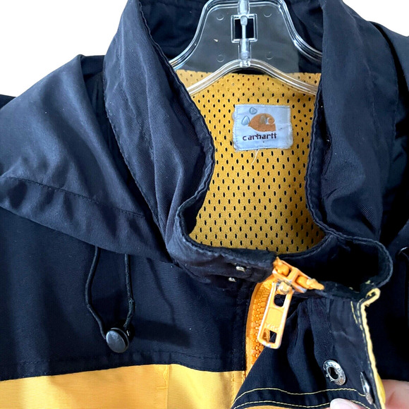 CARHARTT Workshield J105 Men's Size 2XL? Black Yellow Hooded Pockets Jacket VTG - Picture 4 of 11